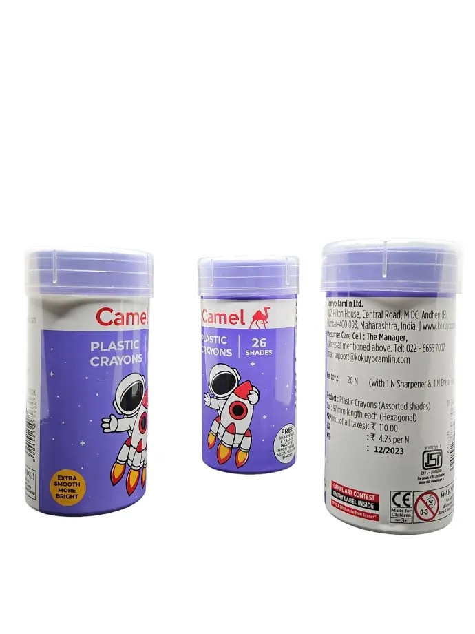 Camel 26 Shades Plastic Crayons With Free Eraser & Sharpener