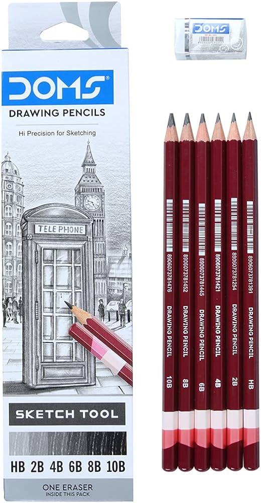 Doms Assorted Drawing 6 Grade Pencils Set With Non Dust Eraser 