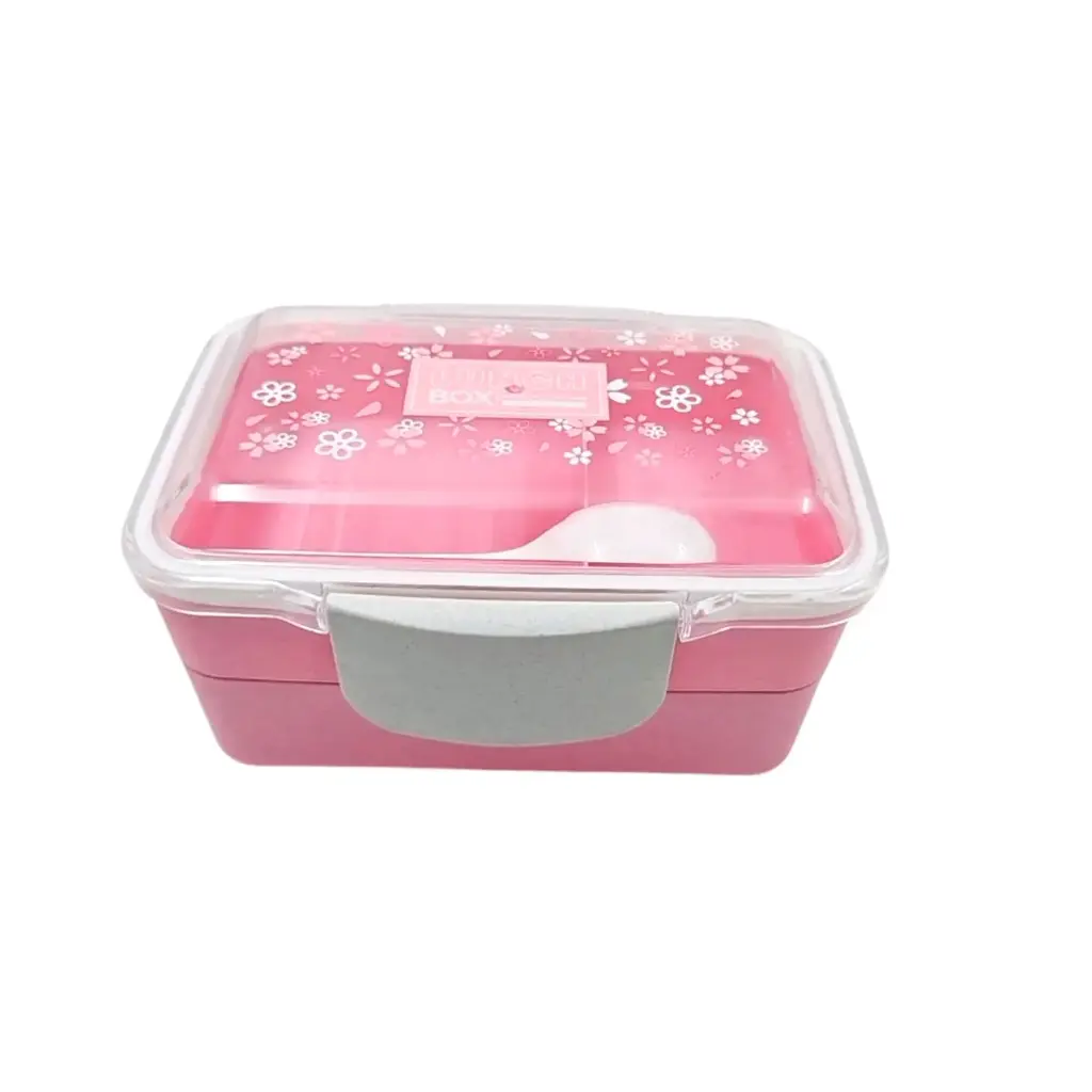 2 Layer Lunch Box Square Plastic With Spoon 18x12x8.5cm