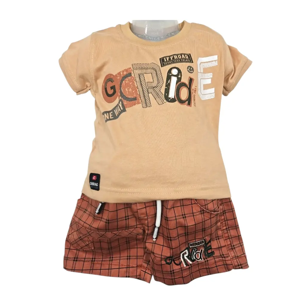 [IX2403584] Chirag Ride Boys Shirt With Brown Check Trousers