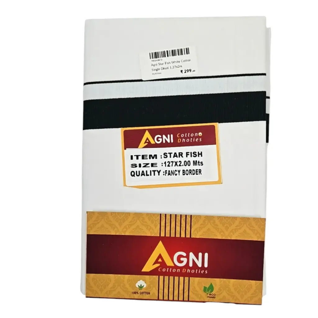 [IX2403666] Agni Star Fish White Cotton Single Dhoti 1.27x2m 