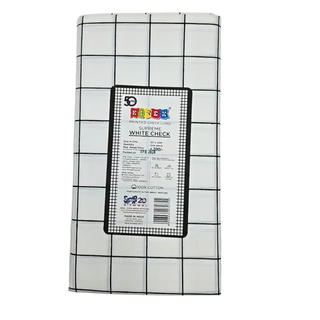 MSR Titanic White Cotton Check Lines Single Lungi 1.27x2m