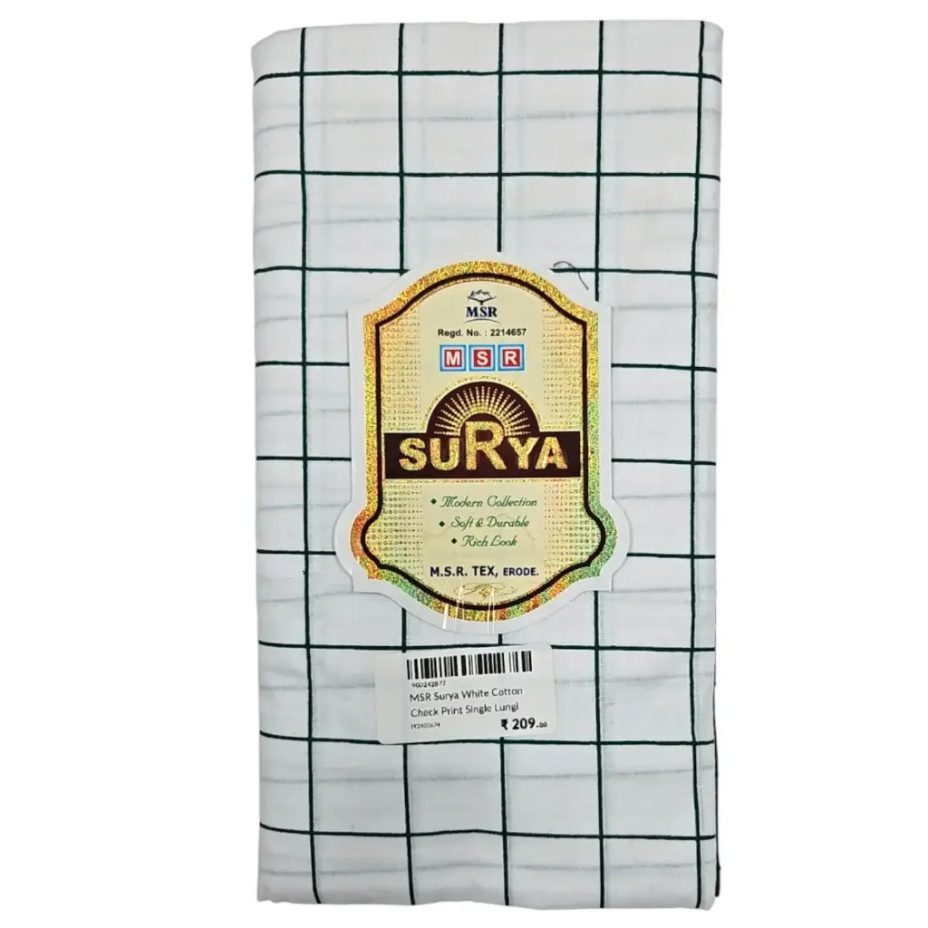 MSR Surya White Cotton Check Print Single Lungi 1.27x2m