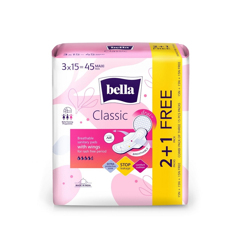 Bella 2+1 Free Classic Breathable Sanitary Pads With Wings Combi Pack Of 3x15=45 Maxi Pads MRP 250