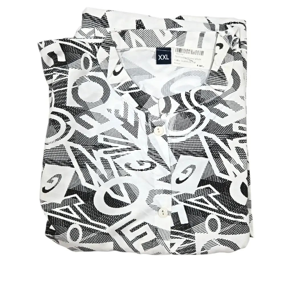 7635 Letter Printed White Coller Neck Kurti Top 