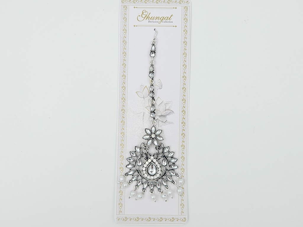 Ghungat Heavy Round Silver Stone Bridal Chutty With Attached White Beads