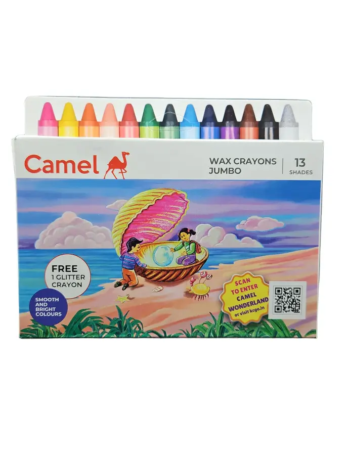 Camel Wax Crayons Extra Long 12 Assorted Shades +1 Fluorescent Crayon