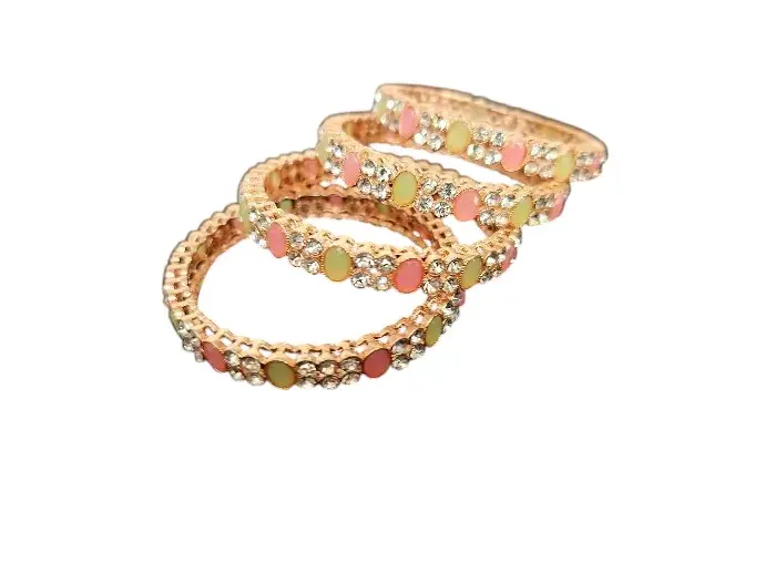 Rose Gold Stone Bangle With Pink & Green Stone Round 