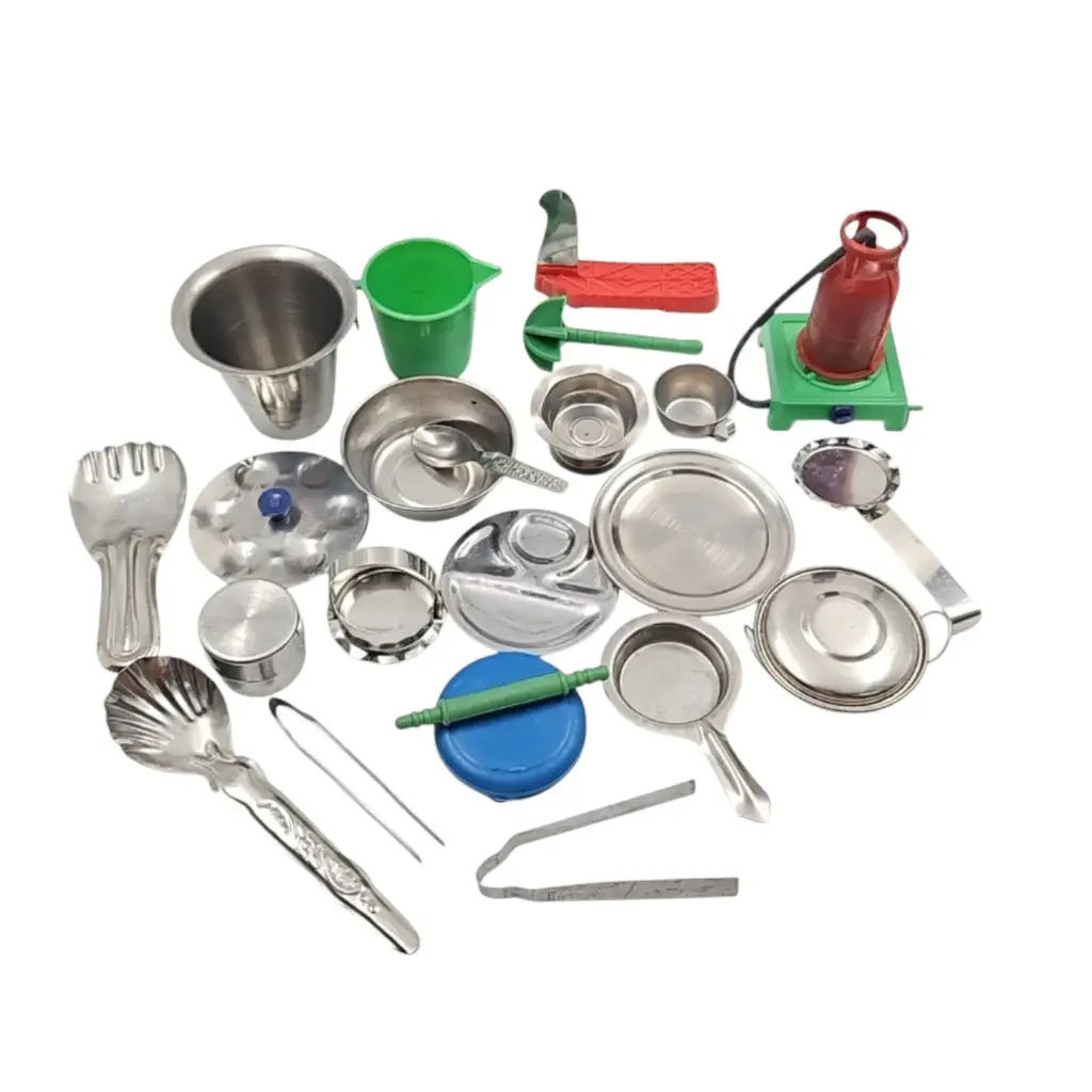 [IX2500667] Steel Kitchen Set Toys in Plastic Round Hand Bag Medium Pack Of 24