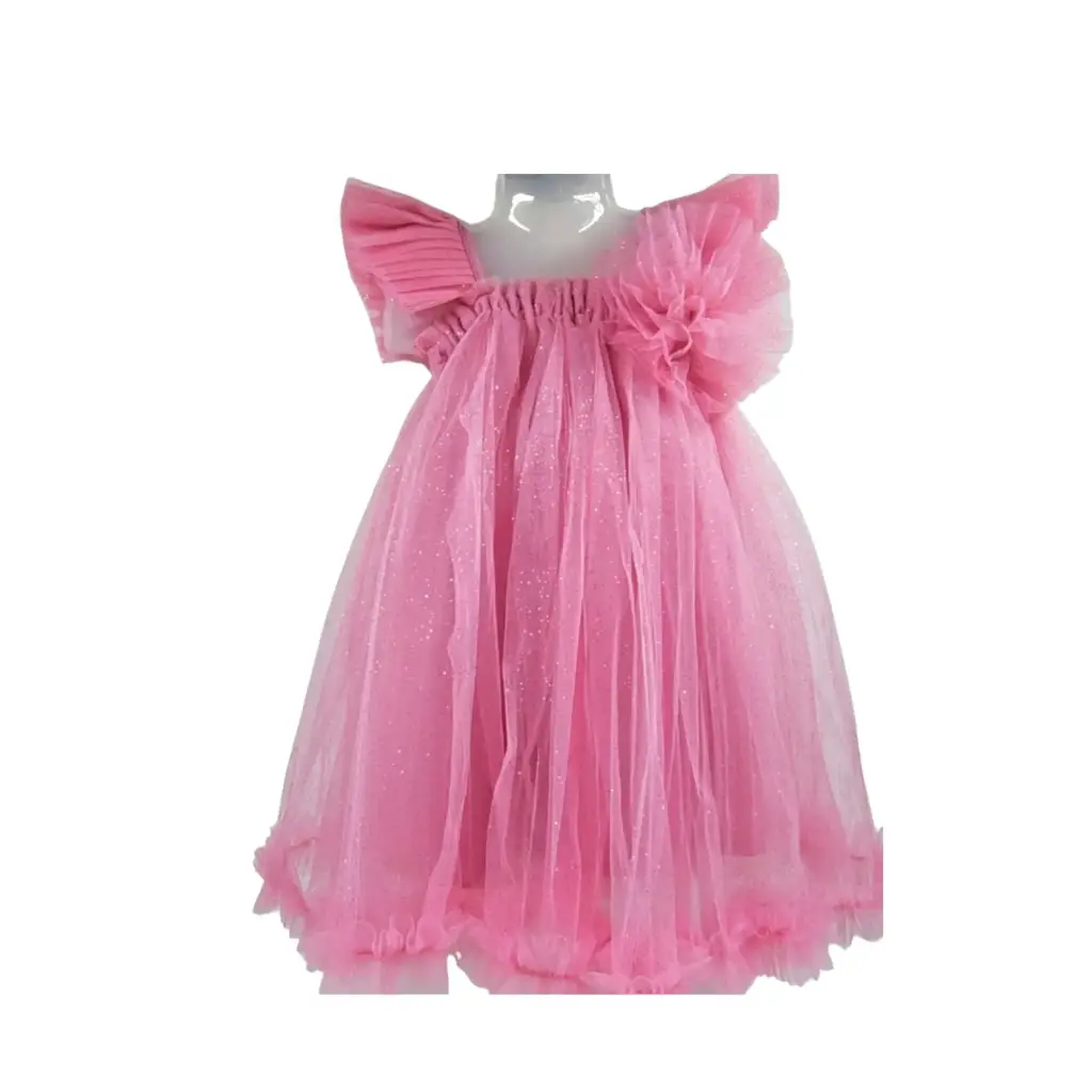 Konari Olive Glittered Net Frock With Bow