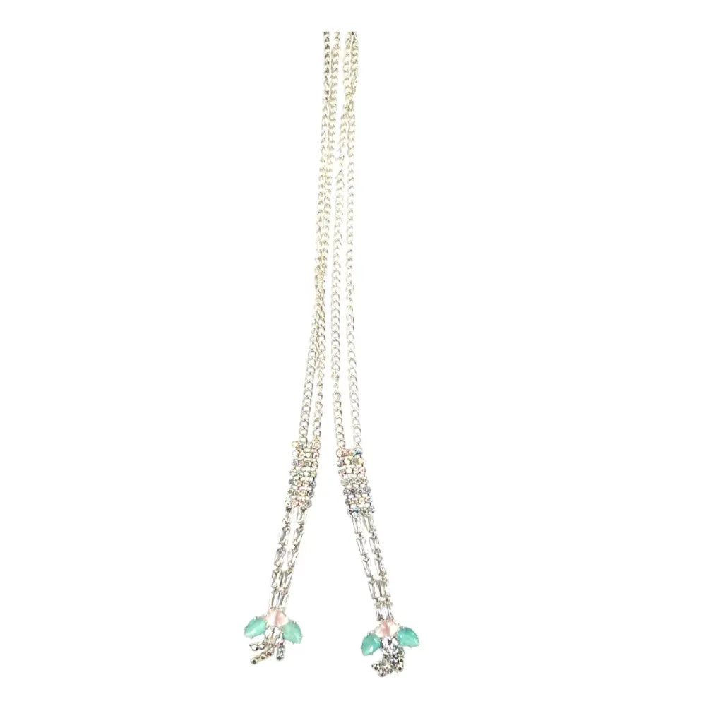 White Stone Long Chain With Pastel Green & Pink Locket