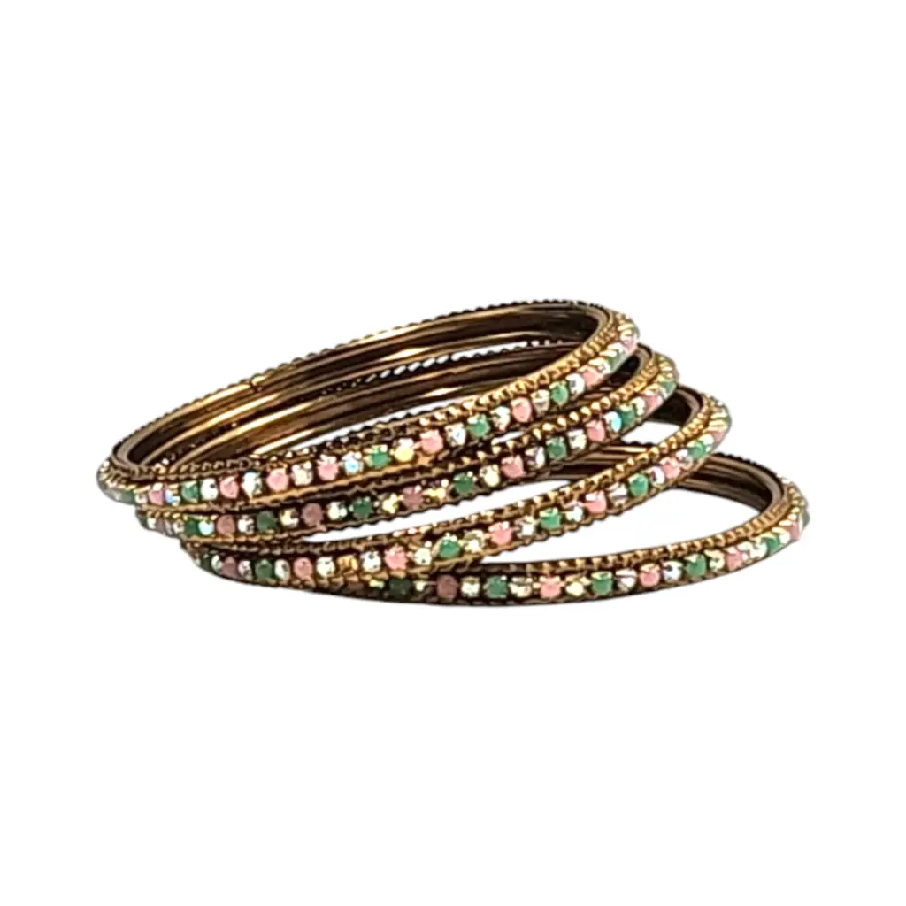 [IX2501607] Aroma Kids Metal Bangle With Pastel Green & Pink Stones Set Of 4