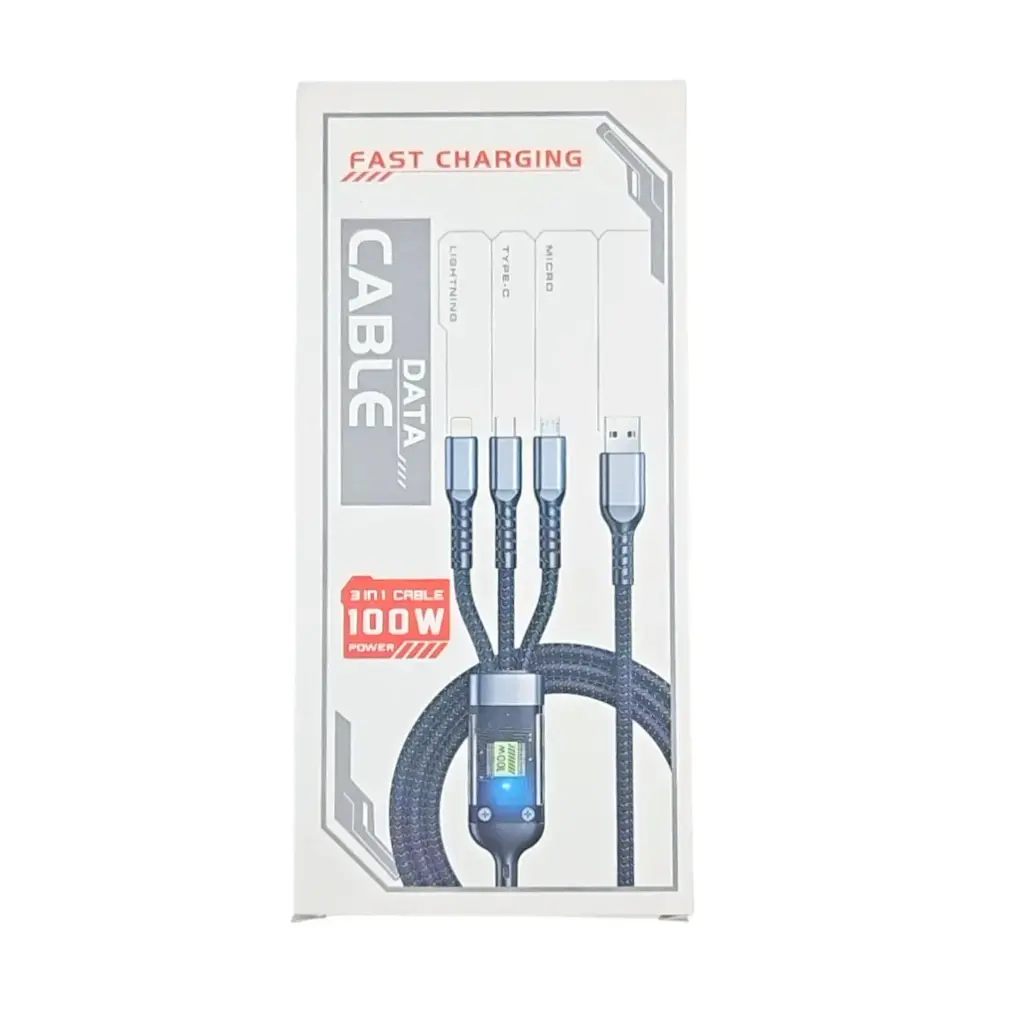 [IX2501618] 100W Transparent Chip 3 In 1 Fast Charging Data Cable With LED Light
