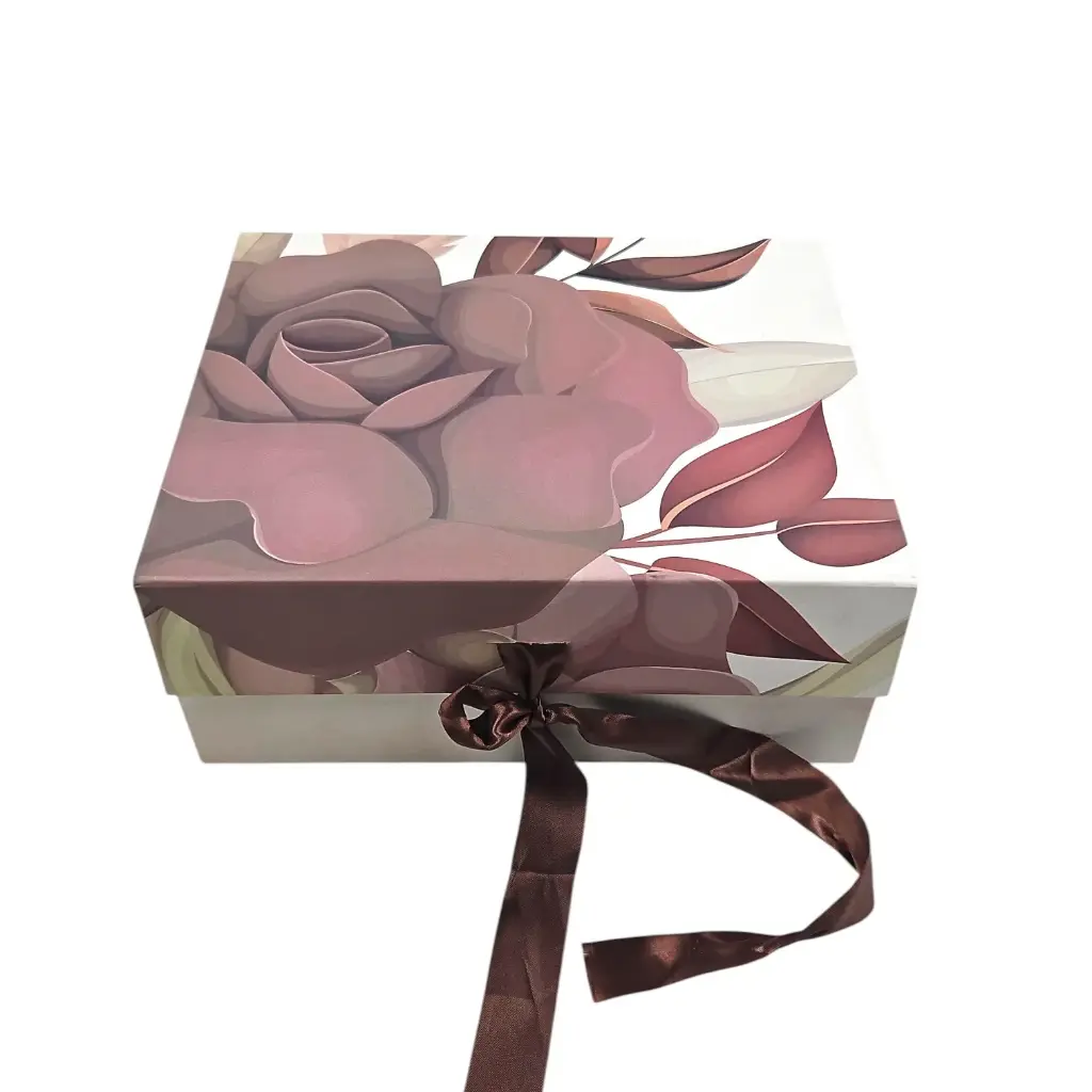 [IX2501631] Brown Floral Printed Hamper Box With Ribbon 21cm X 27cm