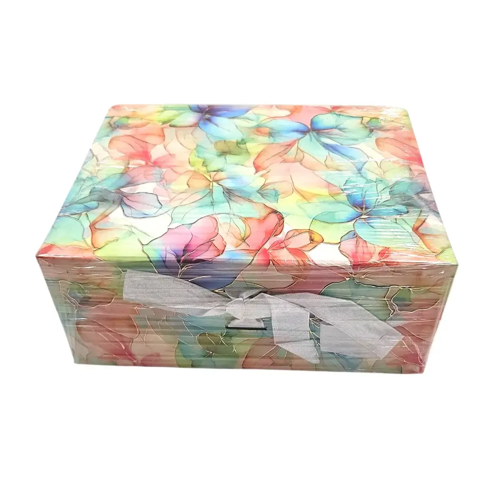 Pastel Color Floral Print With Golden Boarders Ribbon Hamper Box 25cm X 21 cm