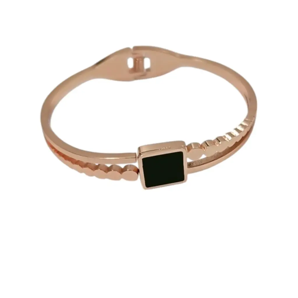 [IX2502018] Rose Gold Alloy Double Heart Bangle With Black Stones & White Small Stones 