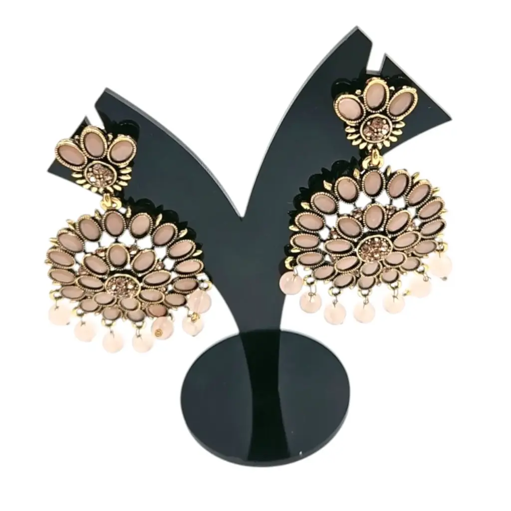 [IX2502201] Round Stone Heavy Earring With Hanging Beads (Pink)