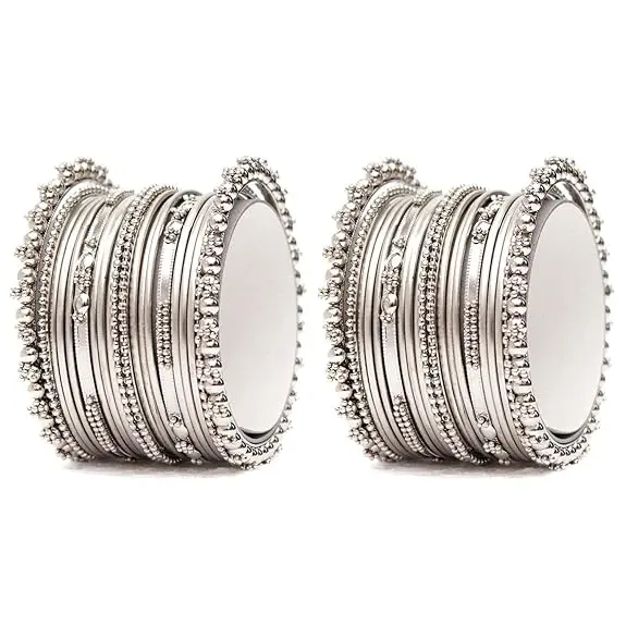 Silver Plain Metal Bangle With Three Silver Beads Set Of 12
