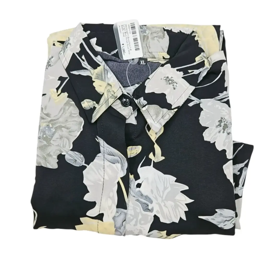 [IX2503007] Floral Print Full Length Black Pardah Gown With Elastic Hand   