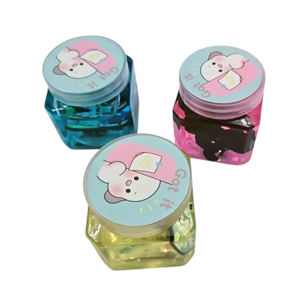 [IX2503362] Kids Playing Cartoon Sticker Slime In Square Shaped Jar