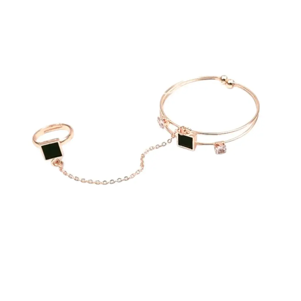 [IX2503748] Rose Gold Kids Black & White Stone Bangle With Attached Ring Set 