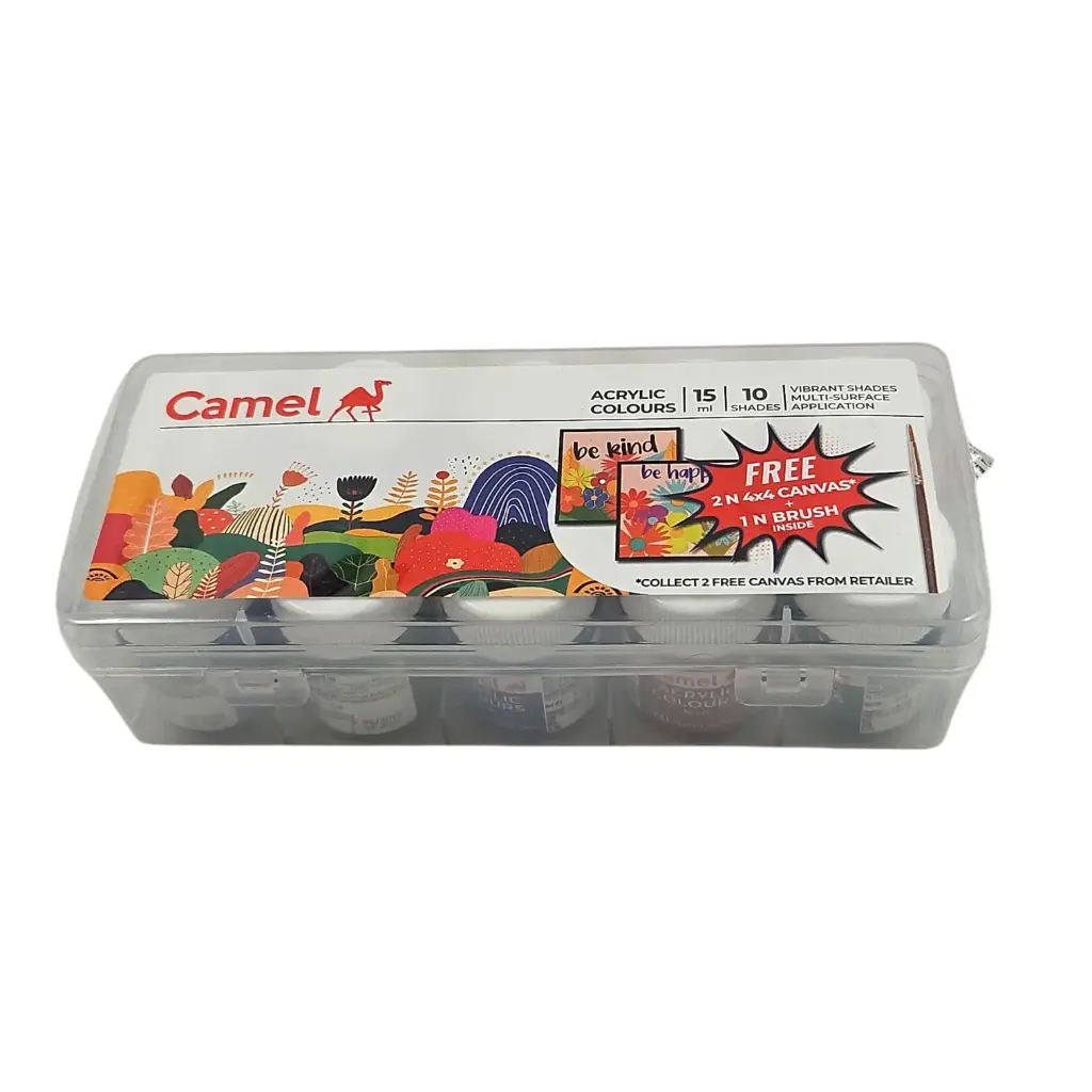Camel Acrylic Colors 10 Shades 15ml With Free Brush And Canvas 