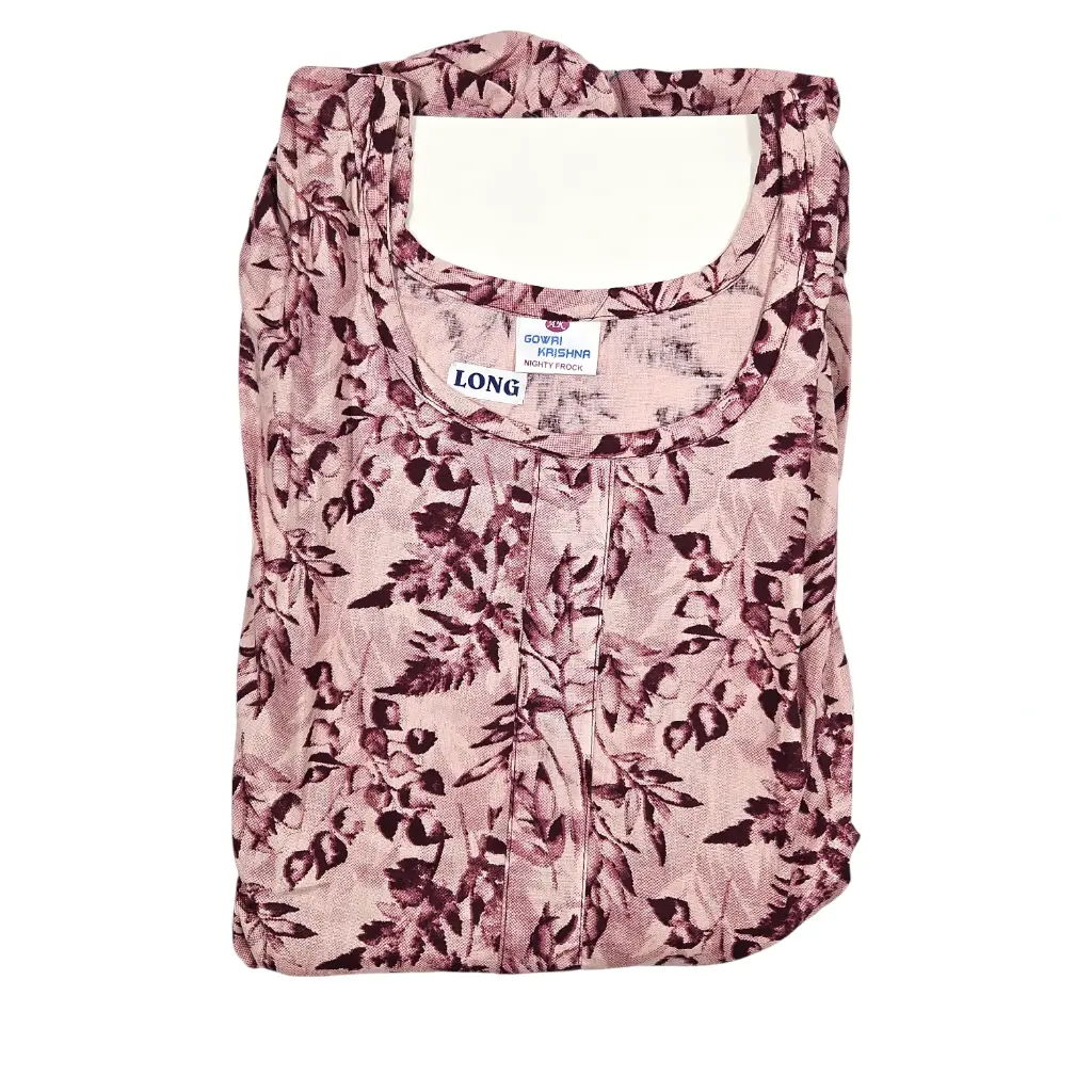 [IX2504662] N-106 Printed Cotton Frock Nighty With Puff Sleeve (Red)