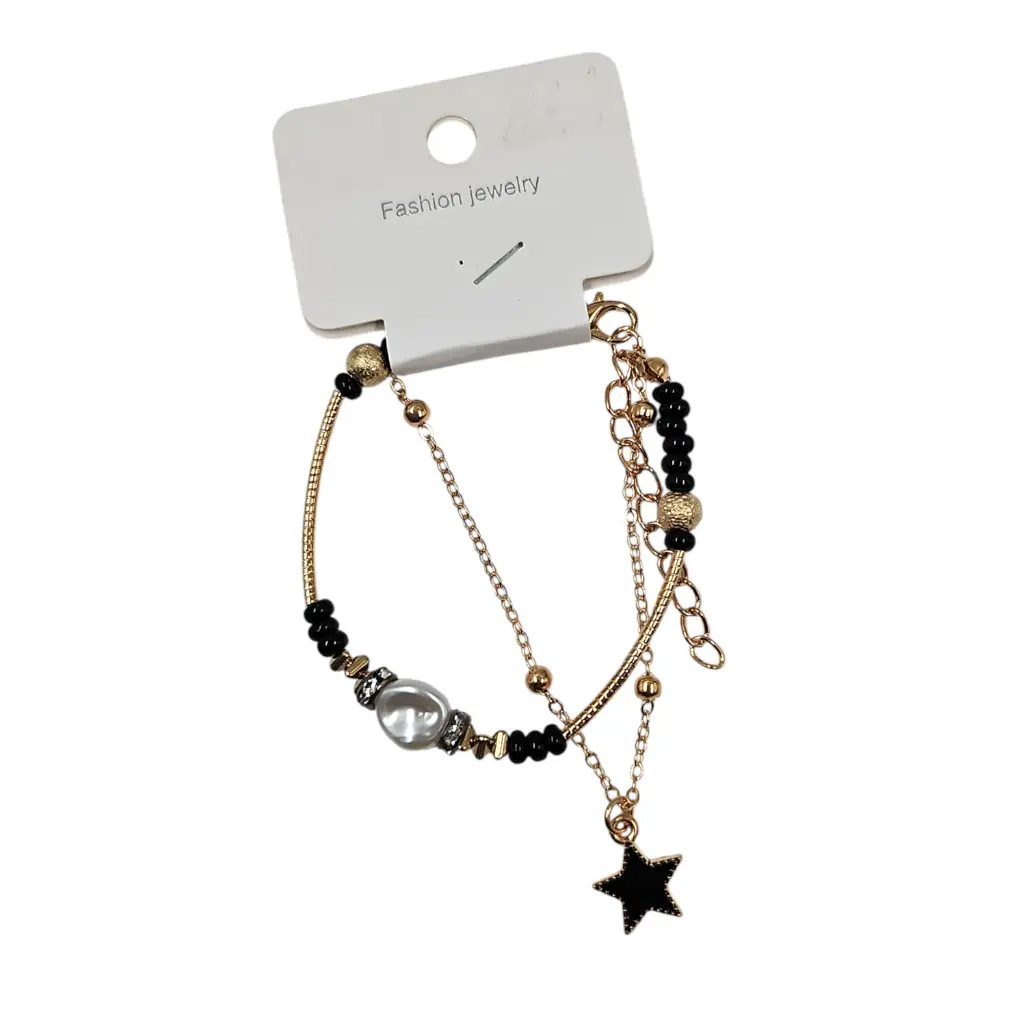 [IX2504909] Gold Plated Black Beads And Star Charm Double Layer Bracelet