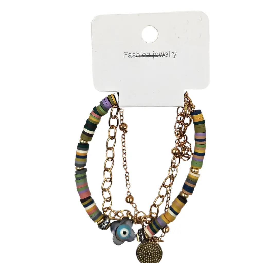 [IX2504913] Beads With Black Smiley Round Charm 3 Layer Bracelet (Black)