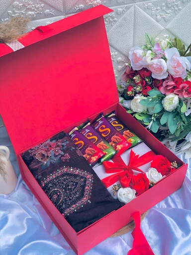 Customized Red Hamper With Dress & Chocolates 