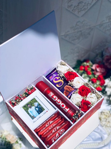 Customized Hamper With Perfume, Mini Frame, Chocolates & Flower Bunches 