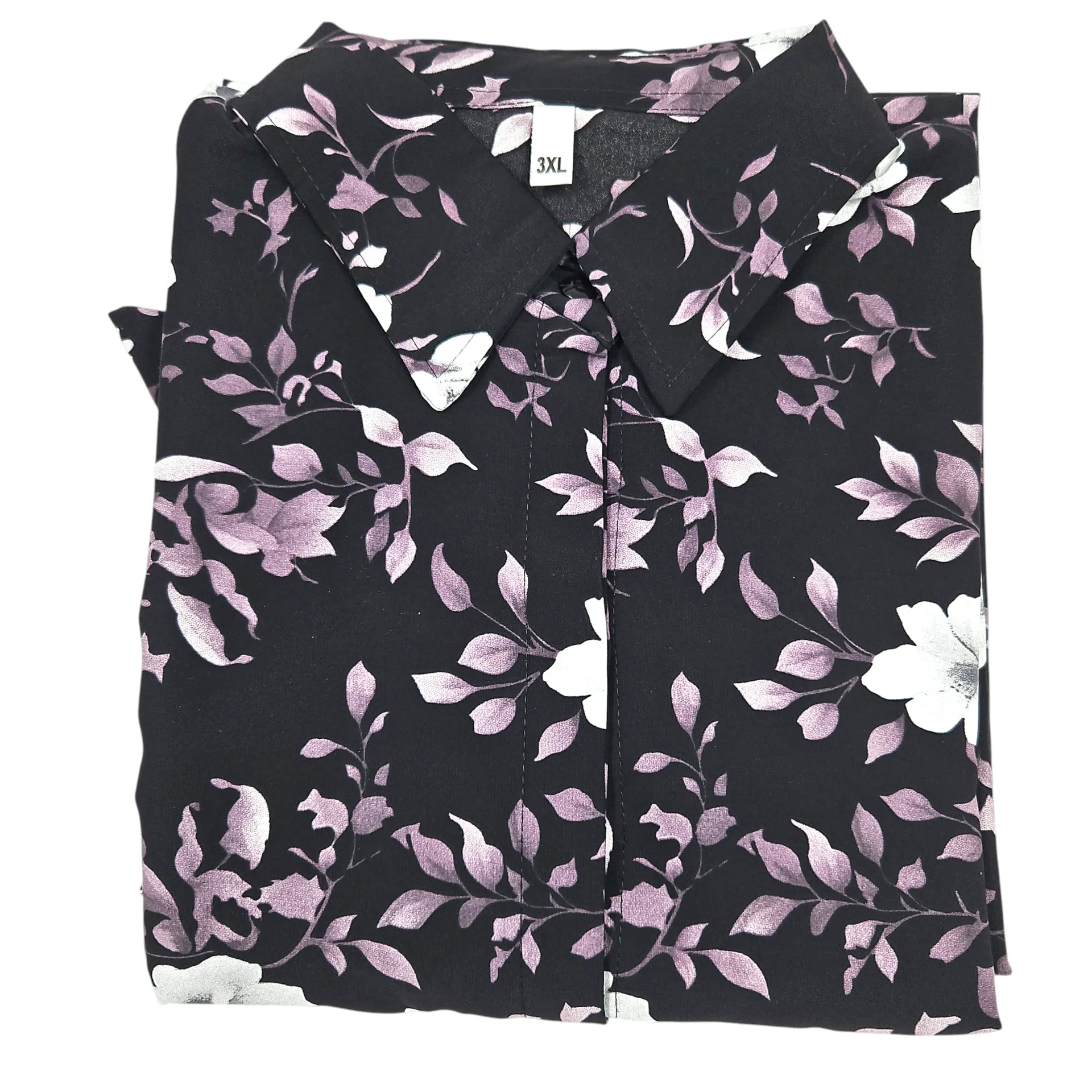 [IX2505350] White Flower & Leaf Print Black Gown Elastic Hand With Tie 3XL