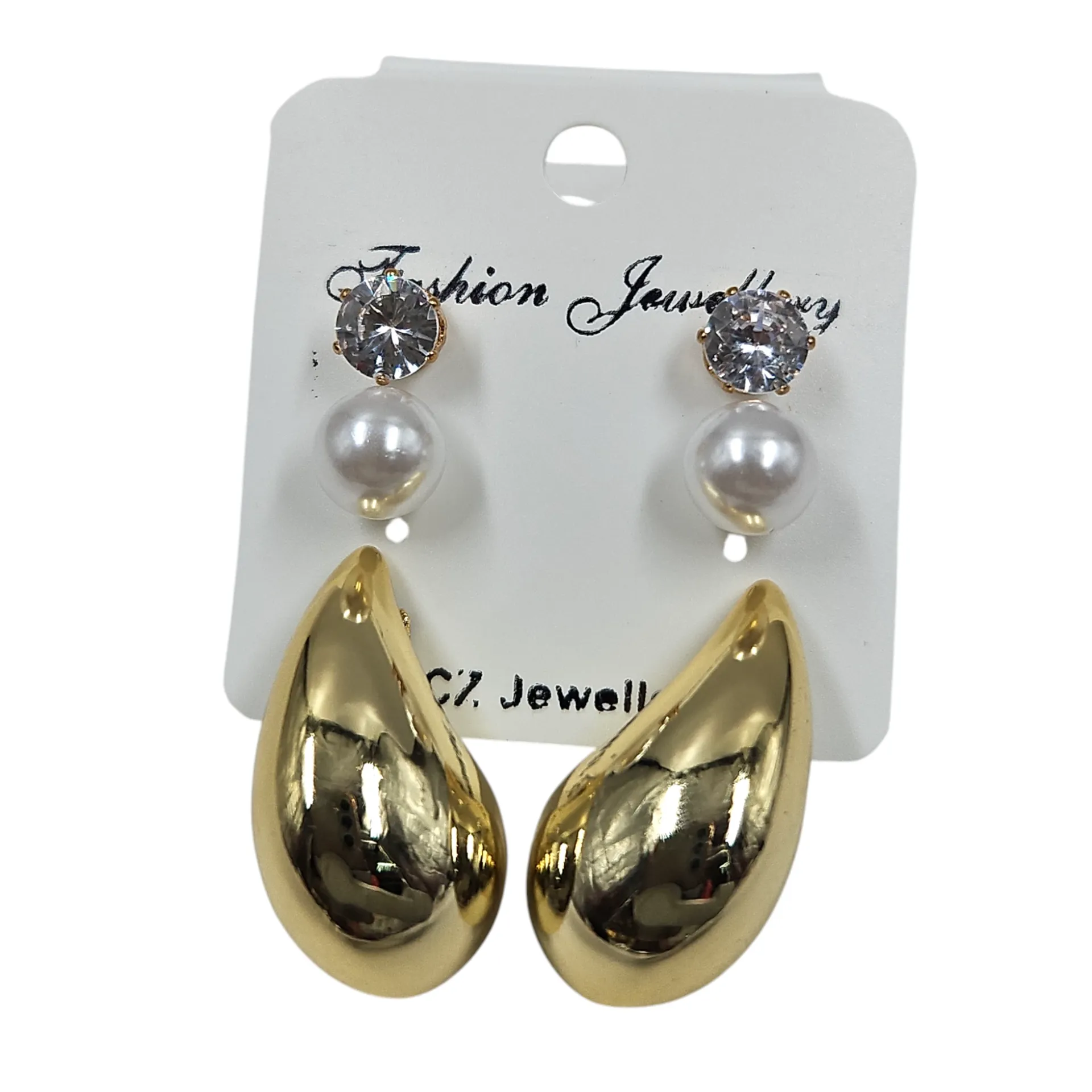 [IX2505355] Drop, Pearl, Stone Stud Earrings Small Set 3 Pair (Golden)