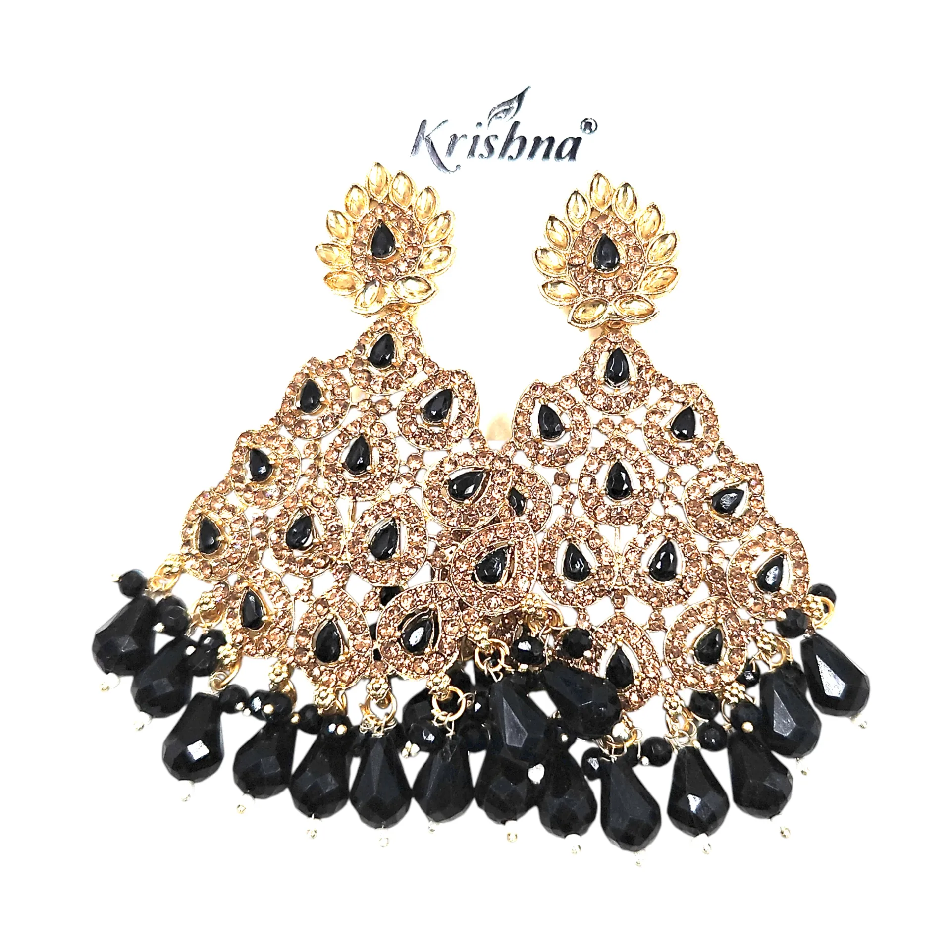 [IX2505370] Krishna Golden Stones With Colored Stone & Hanging Beads Long Heavy Earrings (Black)