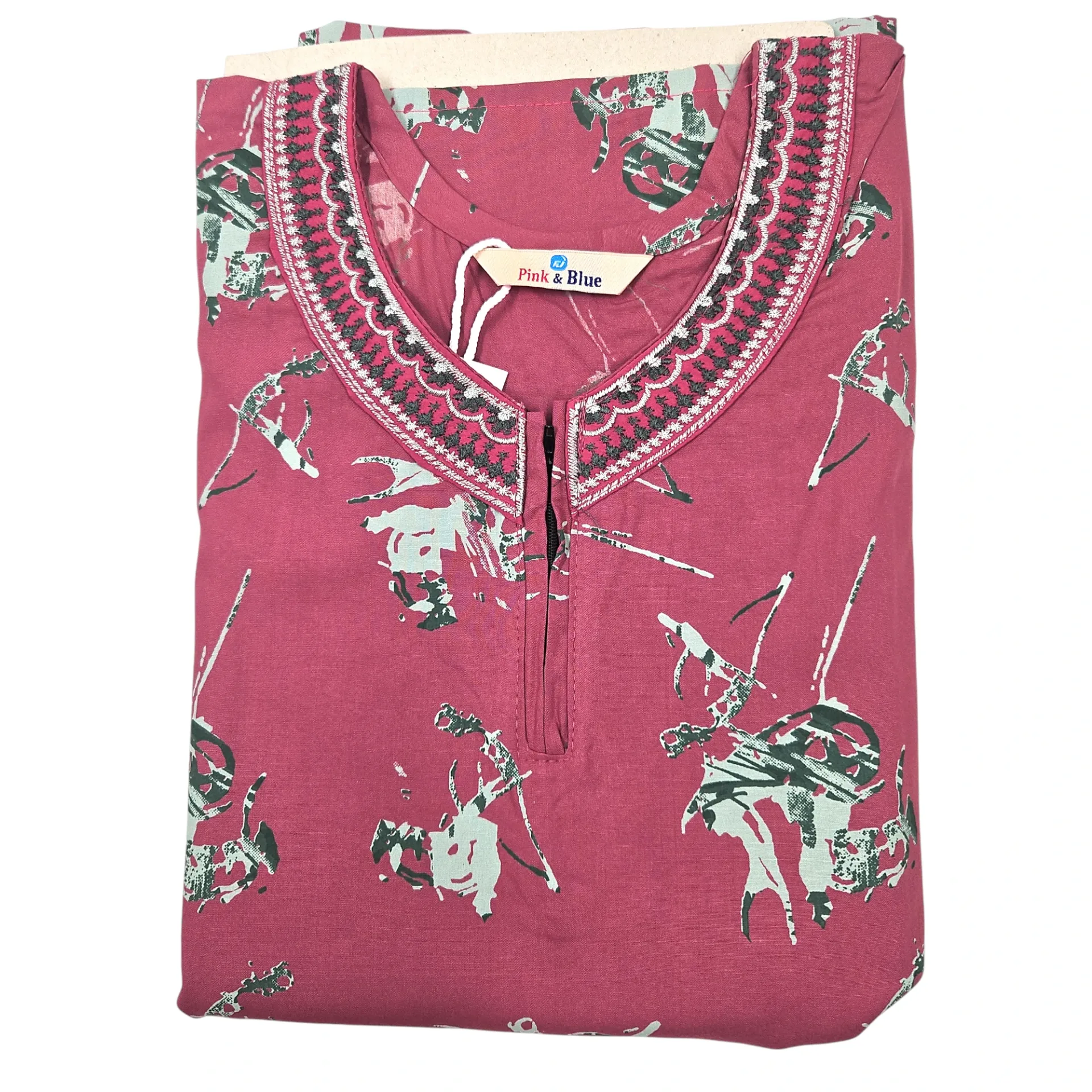 1001 N-I 90 FJ Pink & Blue Rayon Embroidery Neck Maxi