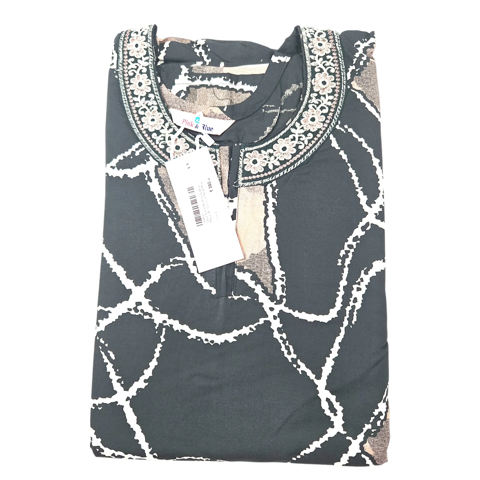 1002 N-I 90 FJ Pink & Blue Rayon Embroidery Neck Maxi