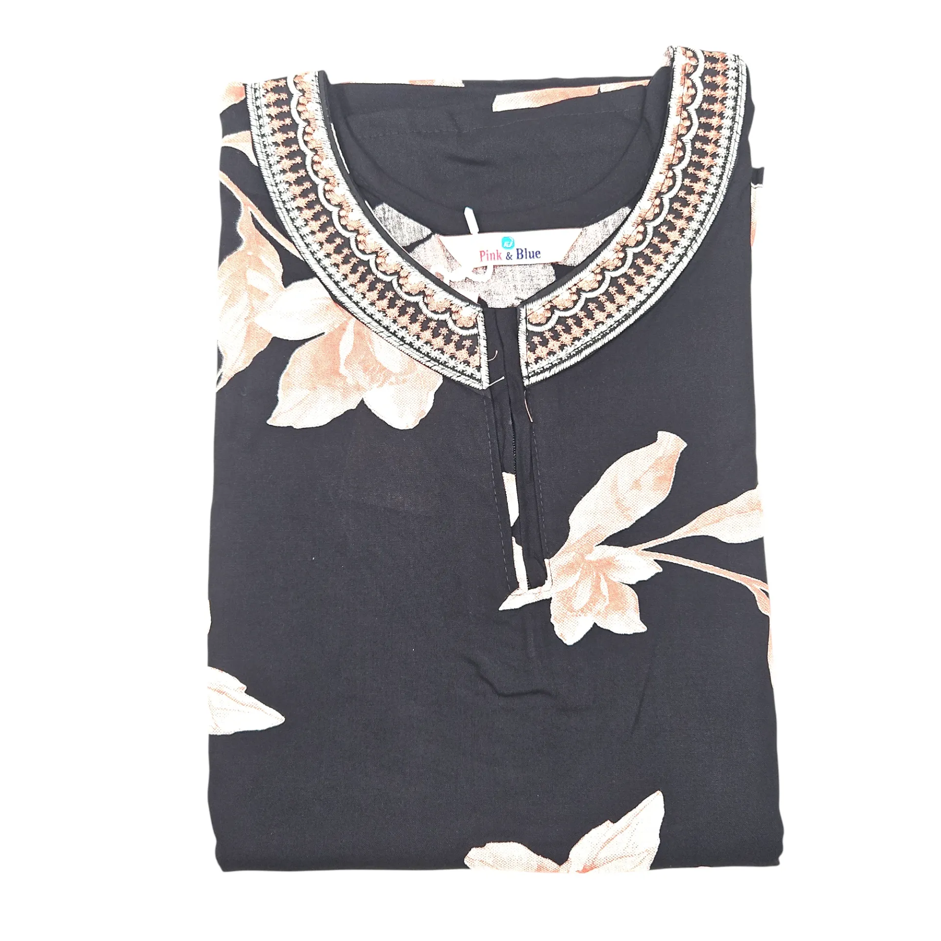 1004 N-I 90 FJ Pink & Blue Rayon Embroidery Neck Maxi