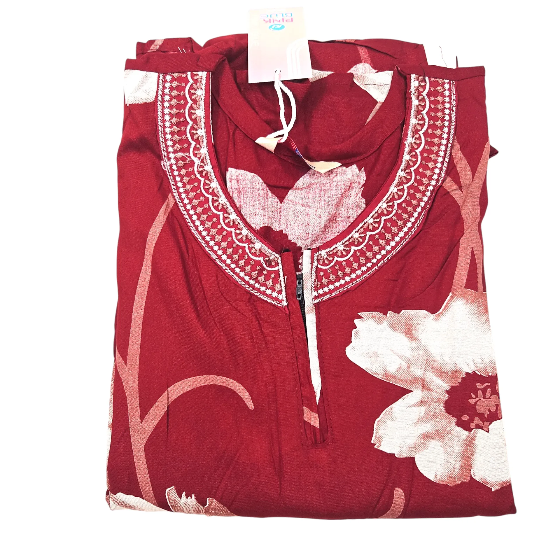 1005 N-I 90 FJ Pink & Blue Rayon Embroidery Neck Maxi