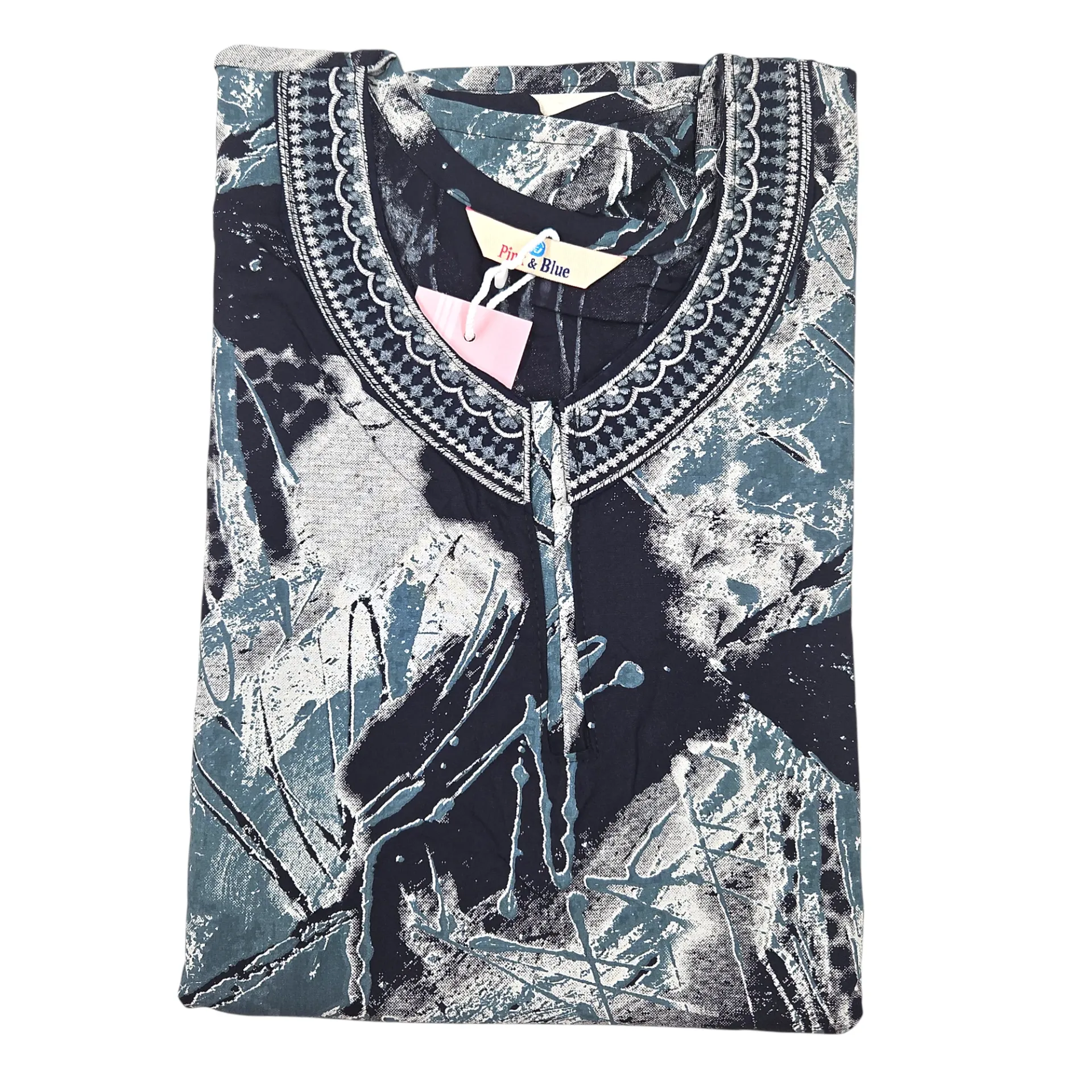 1003 N-I 90 FJ Pink & Blue Rayon Embroidery Neck Maxi