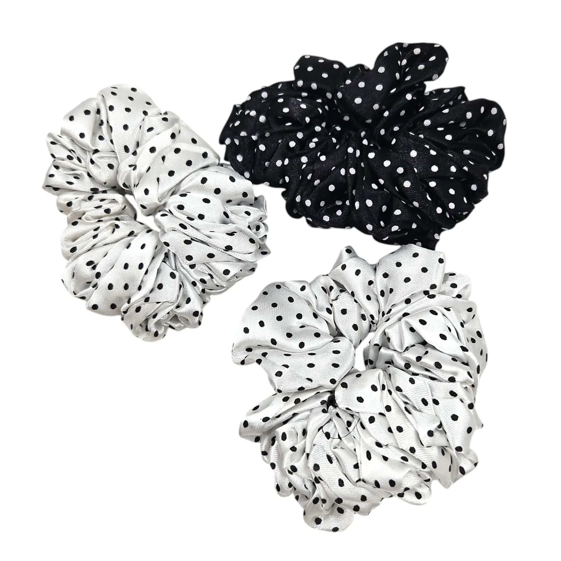 [IX2600348] Black & White Dotted Satin Scrunches Large