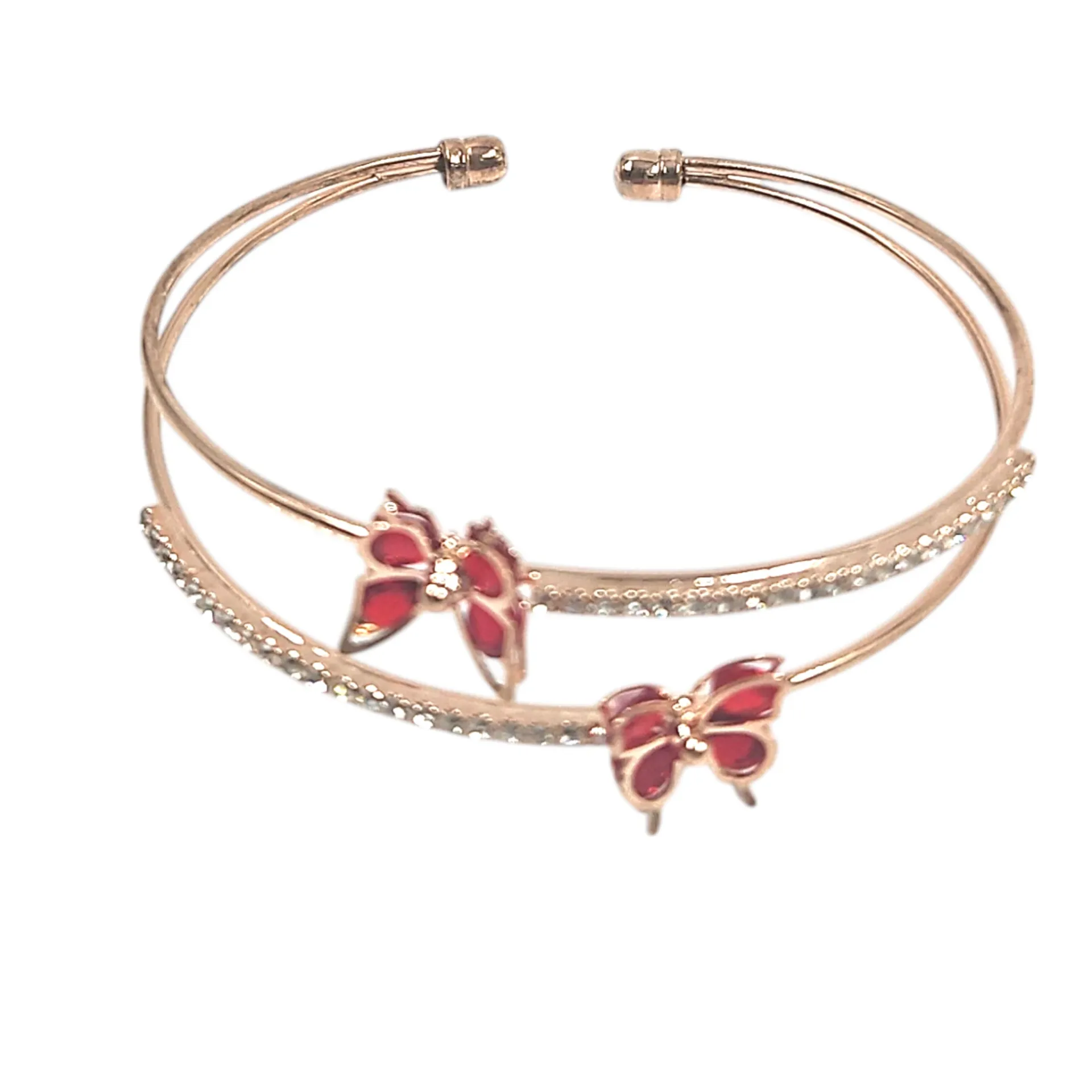 Golden Double Layer Stone With Colored Butterfly Unattached Bangle