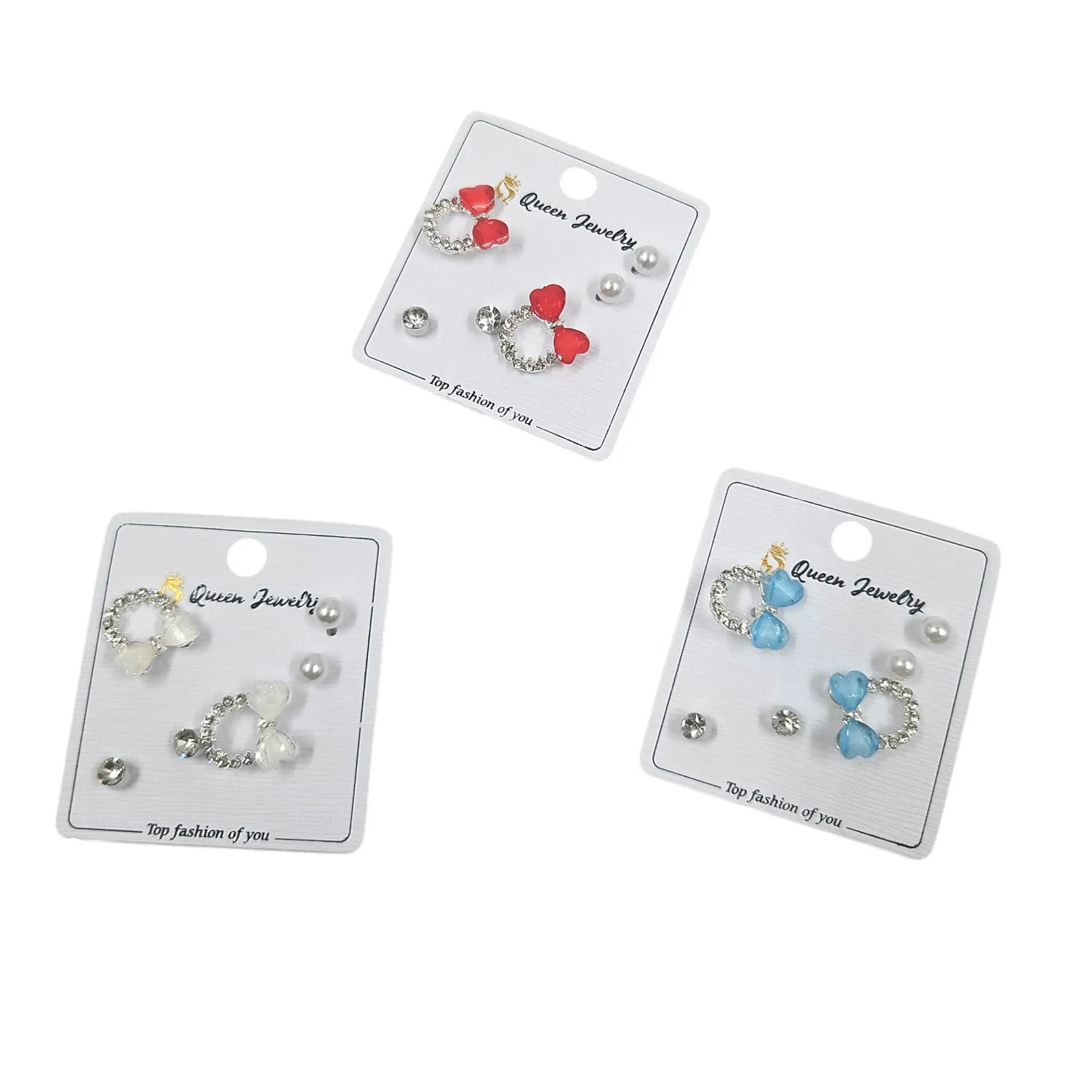 [IX2600496] Queen Colored Crystal Heart Ring, Pearl, Stone Stud Earrings 3 Pair Set