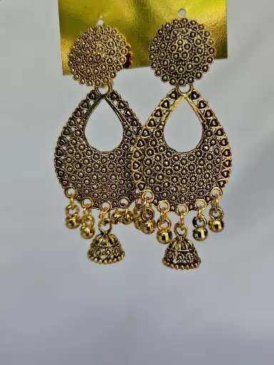 [IX2400482] Golden Hanging Heavy Earring With Small Jumka