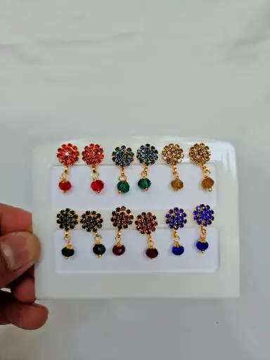 [IX2400567] Colored Stone Stud Earring With Pearl Hanging  