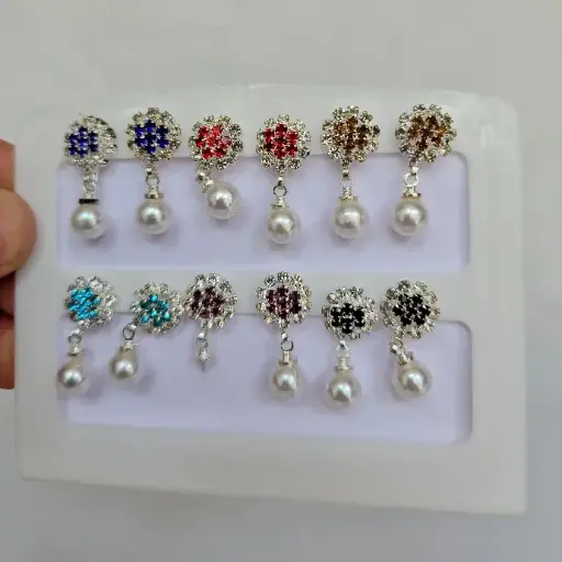 [IX2400571] Colored Stone In Silver Stud Earring With Pearl Hanging    