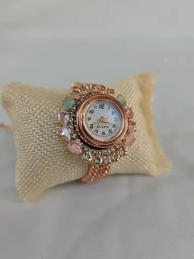 [IX2400606] Rose Gold Imitation Bracelet Watches With Pink & Green Stones