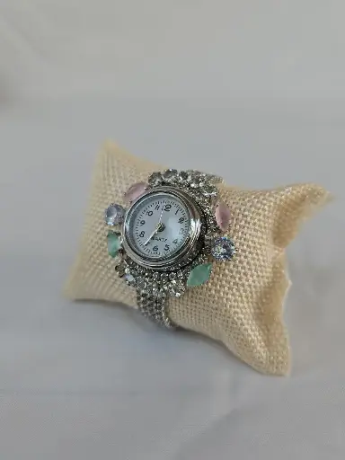 [IX2400608] Silver Imitation Bracelet Watches With Pink & Green Stones 