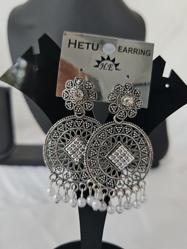 [IX2400676] Silver Hanging Round Heavy Earring With White Stones 