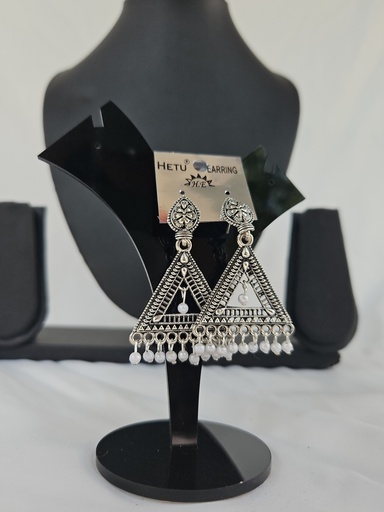 [IX2400680] Silver Hanging Triangular Heavy Earring With White Beads