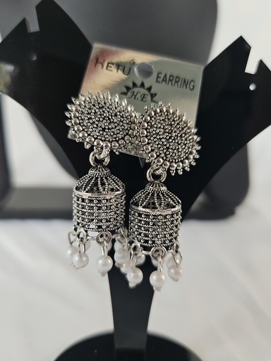 [IX2400686] Silver Hanging Cylinder Jumka Earring With White Beads 